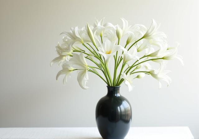 An elegant Nageire style arrangement with pristine white lilies in a tall, slender vase, conveying serene simplicity.